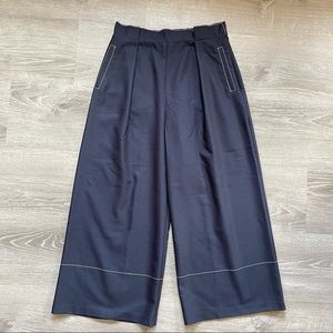 TOPSHOP Navy Pleated Waist Wide Leg Crop Pants